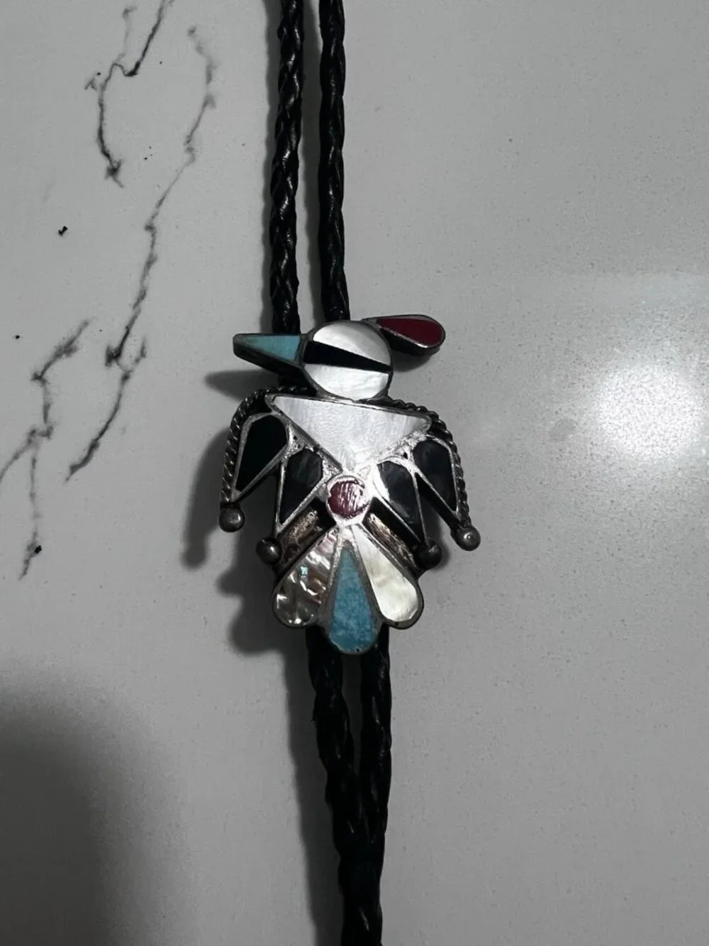 Vintage Zuni 925 Sterling Mosaic Inlay Thunderbird Peyote Bird Bolo Neck Tie